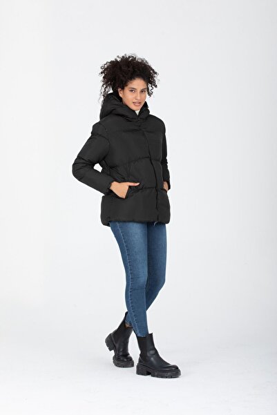 İLKCET MODA Γυναικείο κανονικό πουπουλένιο παλτό με κουκούλα