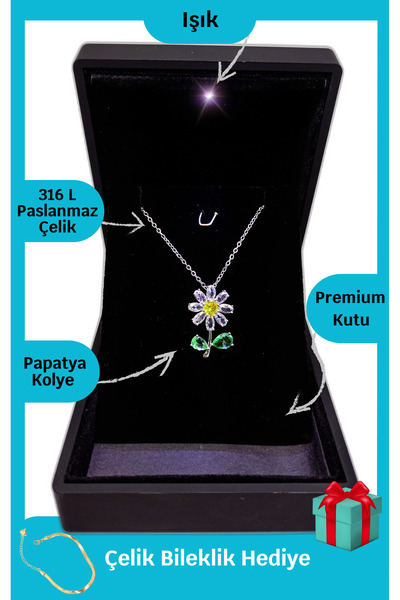 ganispe Işıklı Premium Kutuda | Papatya Desenli Gümüş Çelik Kolye