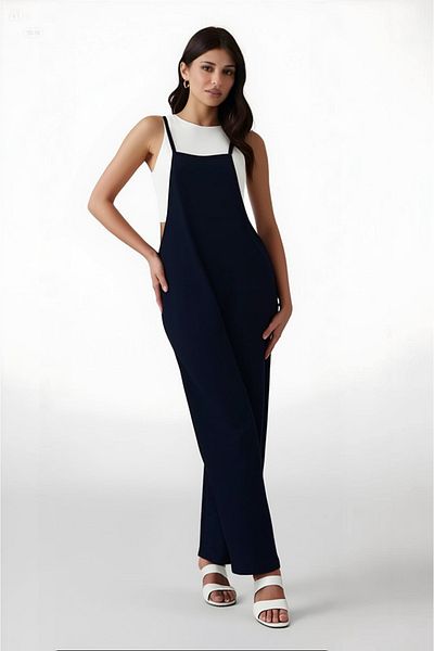 hazelin Women's Navy Blue Adjustable Strap Pocket Wide Leg Gardener Overalls Hzl22s-bd170191