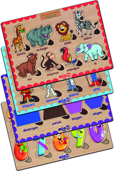 minİQ toys Ahşap Türkçe Orman Hayv.+meslekler+sekiller+sayilar 4’lü Set Eğiti...