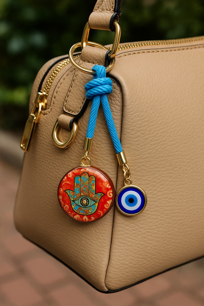 simagift Handmade Hamsa and Evil Eye Beaded Stylish Keychain – Blue String, Symbol of Protection and Luck