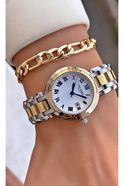 Tom Jones ساعة يد نسائية مقاومة للماء باللون الأصفر والفضي وسوار هدية