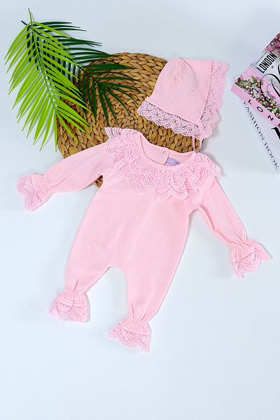 Sitilin Baby Girl Pink Lace 100% Cotton Luxury Hospital Outlet Wonderful Newborn Jumpsuit Hat Set
