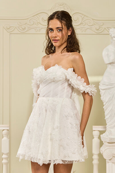 Lenta Moda Beyaz Üç Boyutlu Lez Dantel Mini Abiye ve Nikah Elbisesi