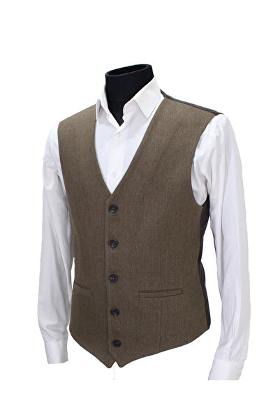 MENTOR REGALO Men's Vest V-Neck Brown Wool Patterned 50353