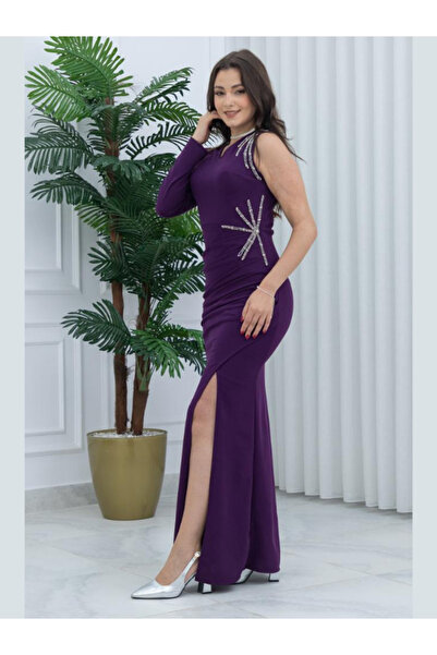 Nice Model فستان كريب متوسط ​​الطول أنيق بأكمام واحدة وتفاصيل خصر شعاعي - ملا...