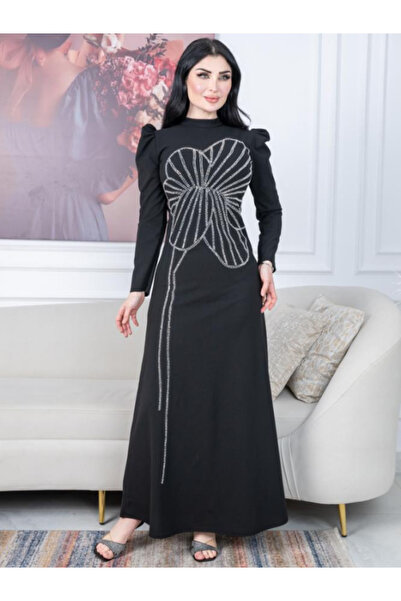 Nice Model فستان سهرة أسود من الكريب بأكمام طويلة مرصع بفيونكة، مناسب لحفلات ...