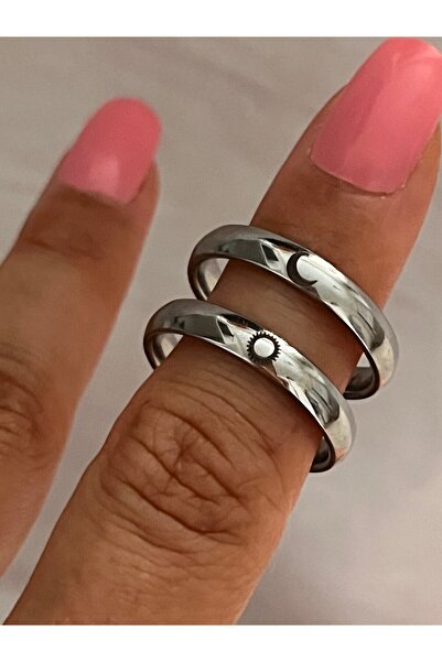 Pigna Aksesuar Ay ve Güneş Gümüş Kaplama Çelik Çift Alyans / Söz nişan yüzüğü...