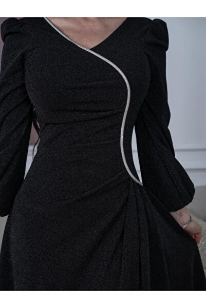 Nice Model Black Shiny Feather Evening Dress - Wrap Bodice Formal Gown with Slit & Diagonal Accessory Detail