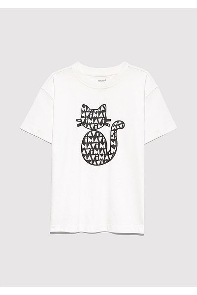 Mavi Cat Printed Ecru T-Shirt Loose Fit / Loose Relaxed Fit 7610360-70057