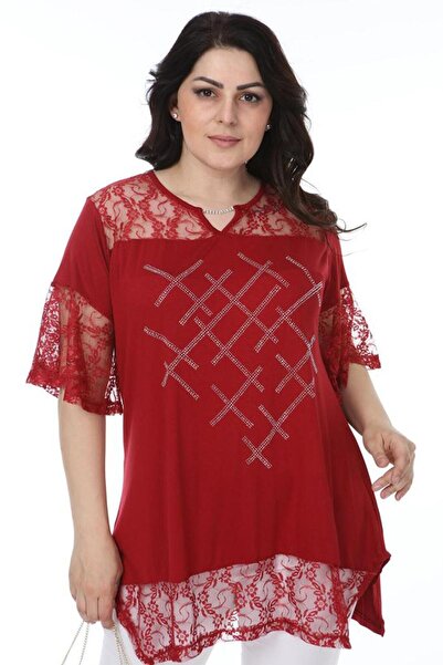Kheos Women's Burgundy Neck and Sleeve Lace Detailed Stone Print Embroidered Blouse