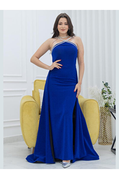 Nice Model فستان كريب طويل لامع مع شال خلفي وإكسسوار بفتحة رقبة على شكل حرف X...