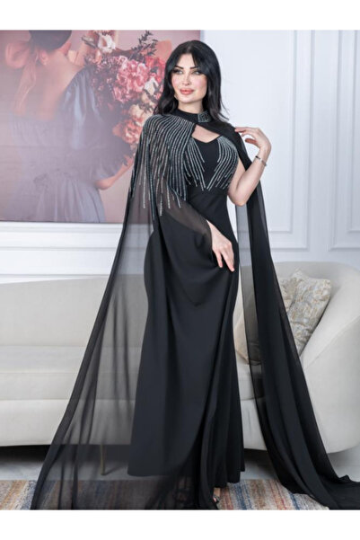 Nice Model Elegant Black Evening Dress with Chiffon Cape Geometric Embroidery Sleeveless Formal Gown