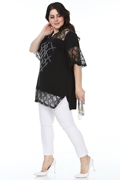 Kheos Neck and Sleeve Lace Detailed Stone Print Embroidered Blouse