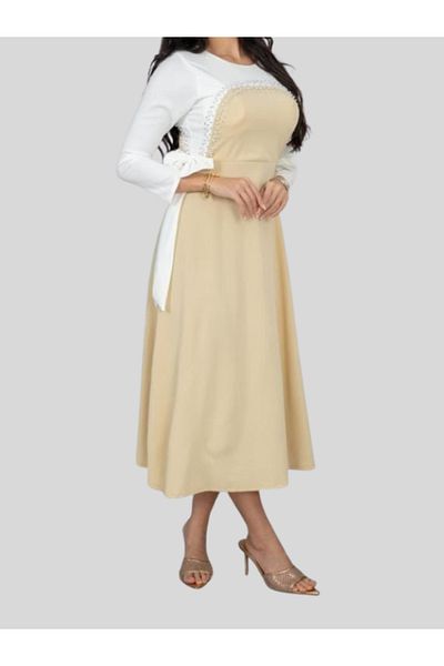 Nice Model Pearl Beaded Midi Evening Dress White Long Sleeve Elegant Formal Party Wear Women Crepe Gown