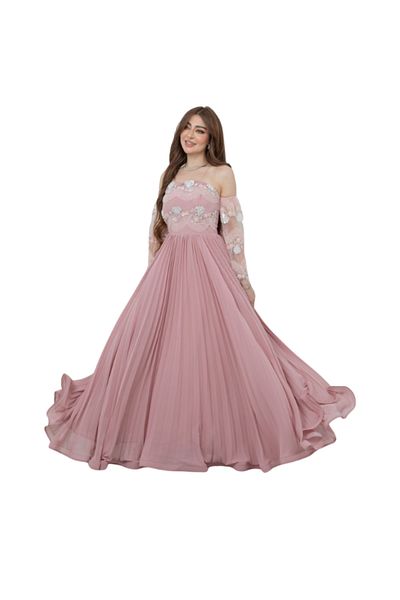Nice Model Elegant Pink Off-Shoulder Gown with Embroidered Sleeves & Pleated Tulle Skirt - Formal Prom Dress