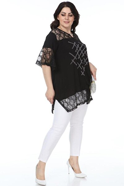 Kheos Neck and Sleeve Lace Detailed Stone Print Embroidered Blouse
