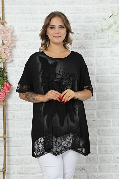 Kheos Μπλούζα με δαντέλα φούστα και μανσέτες, Flock printed Rose Motif