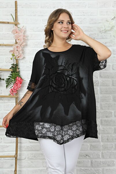 Kheos Μπλούζα με δαντέλα φούστα και μανσέτες, Flock printed Rose Motif