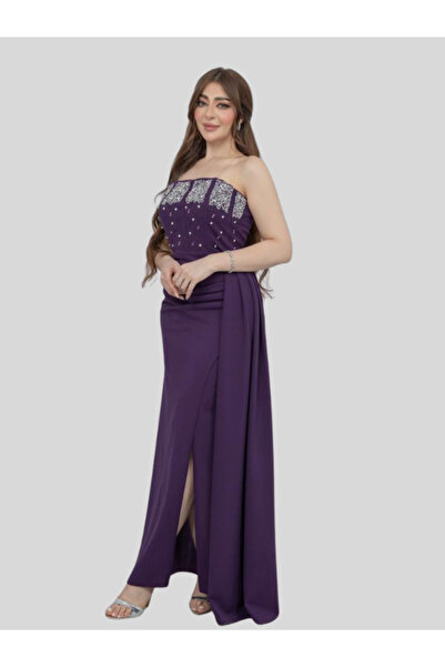 Nice Model فستان سهرة أرجواني مكشوف الكتفين مع صد مطرز وفتحة أمامية، فستان رس...