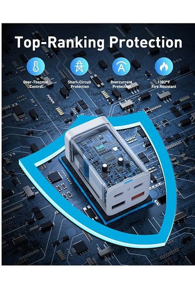 Baseus 65W GaN3 PD Wall Charger, 4 Ports (2 USB-C + 2 USB-A) Fast Charging with 5ft AC Cable