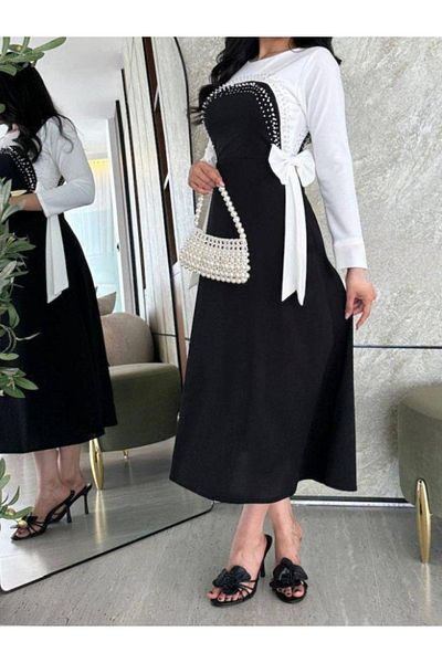 Nice Model Pearl Beaded Midi Evening Dress White Long Sleeve Elegant Formal Party Wear Women Crepe Gown
