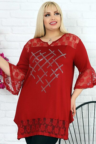 Kheos Lace Detailed V-Neck Front Stone Printed Short Sleeve Slit Blouse