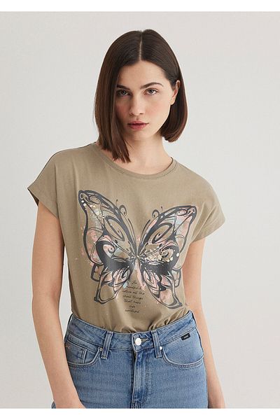Mavi Butterfly Print Brown T-Shirt Regular Fit / Regular Fit 1612619 -70354