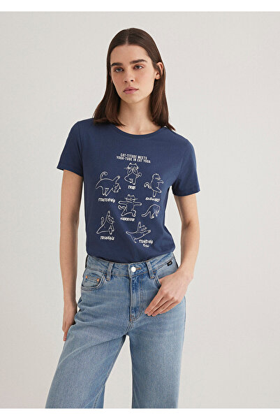 Mavi Μπλουζάκι με στάμπα Cat Navy Blue Slim Fit 1612205 -70487