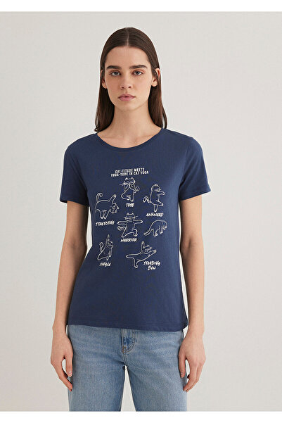 Mavi Μπλουζάκι με στάμπα Cat Navy Blue Slim Fit 1612205 -70487