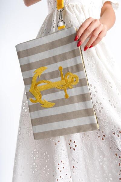 Mubiano Літня жіноча бежева/біла смугаста сумка-клатч та портфель з канвасу D...