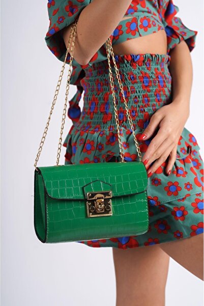 Mubiano 1140-Y Diktörgen Form Zincir Askılı Krokodil Desen Askılı Omuz, El ve...