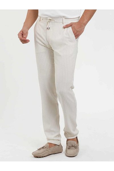 Dufy Men's Slim Fit Ecru Striped Seersucker Patterned Pants -104448