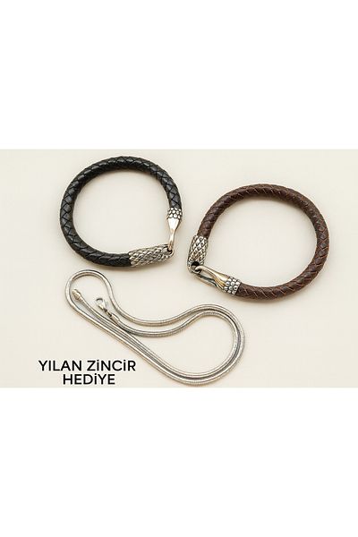 voyageaccessory Men's Leather Bracelet and Snake Chain Necklace Set /Snake Chain with Gift
