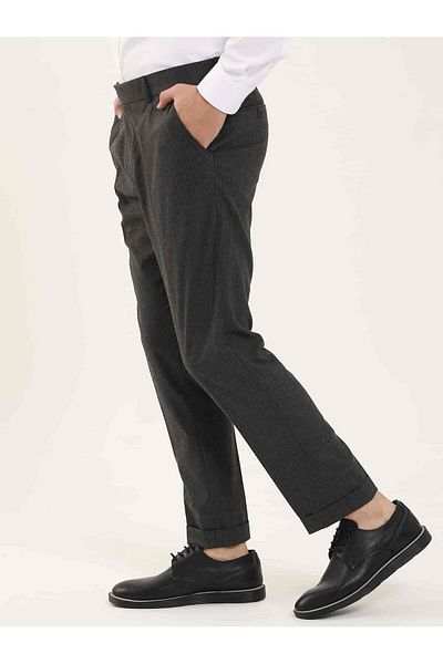 Dufy Dark Gray Men's Slim Fit Striped Classic Trousers - 97615