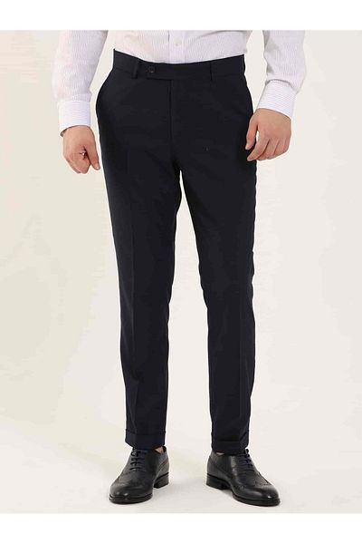 Dufy Navy Blue Men's Slim Fit Striped Classic Trousers - 97608