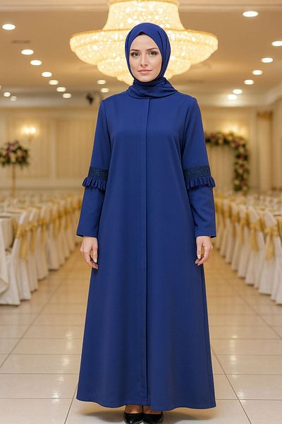 Neva Style Indigo Blue Hijab Ferace with Sleeve Detail 10021ım