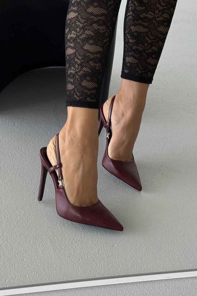 AYAKKABI PRENSİ Waft Buckle Detailed Burgundy Matte Design 12cm Heeled Women's Shoes