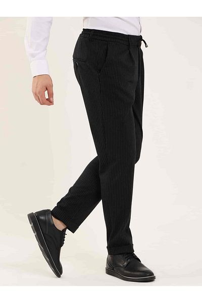 Dufy Black Men's Slim Fit Striped Classic Trousers - 97676