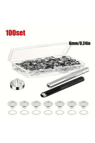 Choice 6mm 100 Sets Grommet Kit, Size 6/10/12/14mm, With 3 Eyelet Stamping Tools, For Repairing Canvas, Wat