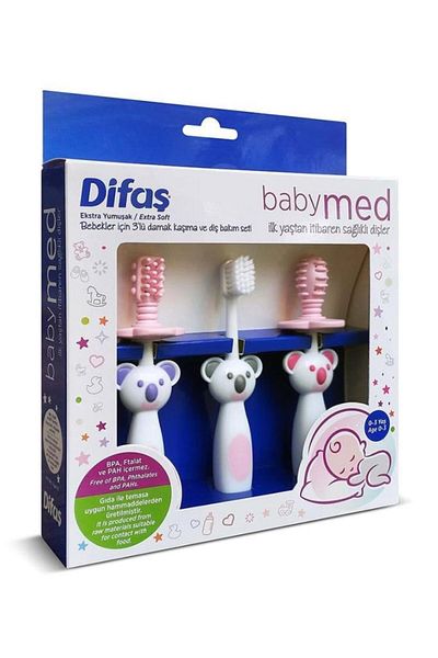 Difaş مجموعة العناية بأسنان الأطفال المكونة من 3 قطع من Babymed - عضاضة وعضاضة للحنك