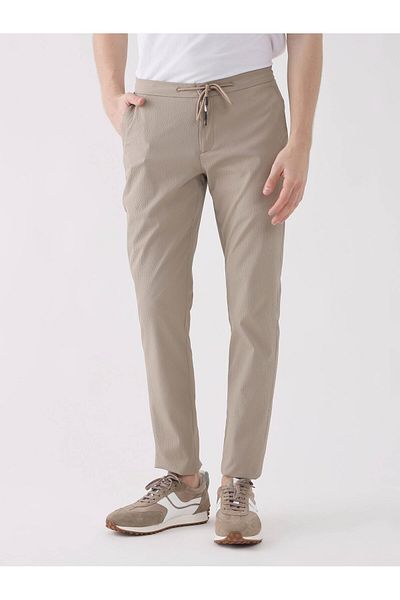 Dufy Beige Men's Slim Fit Seersucker Patterned Trousers - 95105