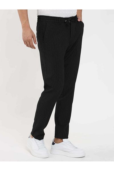 Dufy Men's Slim Fit Striped Black Jogger Pants -103284