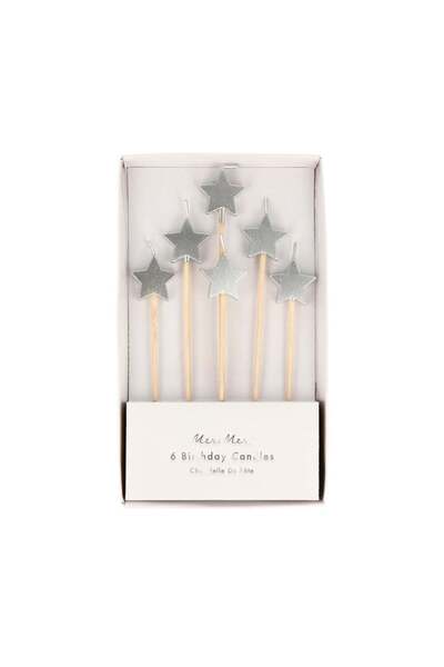 Meri Meri - Silver Star Candles - Gümüş Yıldız Mumlar - 6'lı