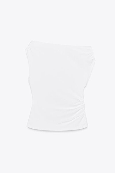 VAGGON Women's White Shoulder Gathered Viscon Knitted Blouse Prmx14183