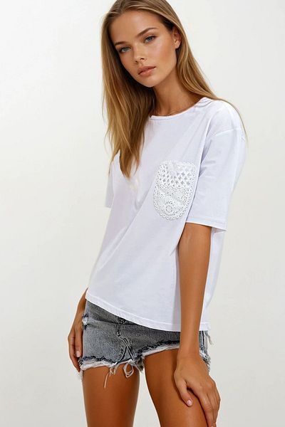 VAGGON Women's White Crew Neck Guipure Pocket T-Shirt Prmx11975