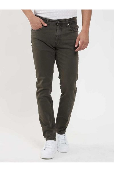 Dufy Khaki Men's Slim Fit Trousers -107136