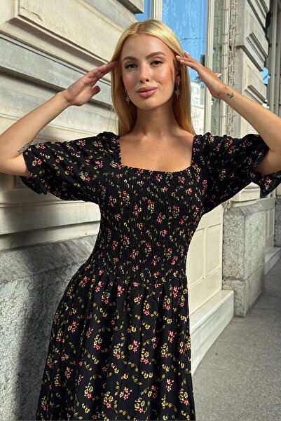 VAGGON Γυναικείο φόρεμα με μαύρο φλοράλ σχέδιο με λαιμόκοψη Madonna και ραφές Vs00368