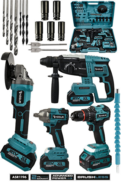ASSUR 21V Darbeli Kömürsüz 4'lü Set Kırıcı Delici Hilti - Taşlama - Somun Sıkma Sökme - Matkap Vidal