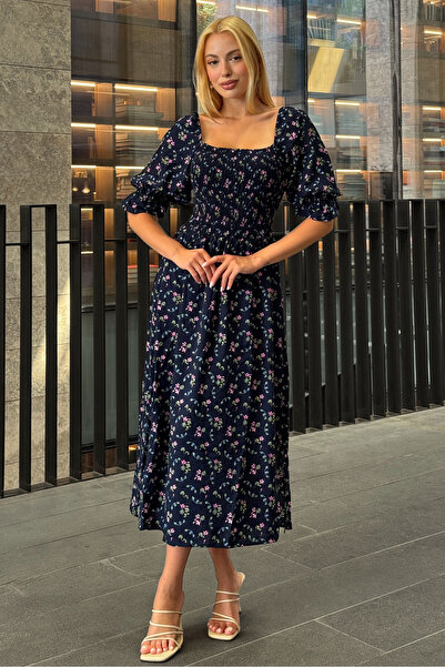 VAGGON Γυναικείο φόρεμα με μπλε ναυτικό σχέδιο με λουλούδια με γιακά Madonna με ραμμένο σμόκ Vs00368